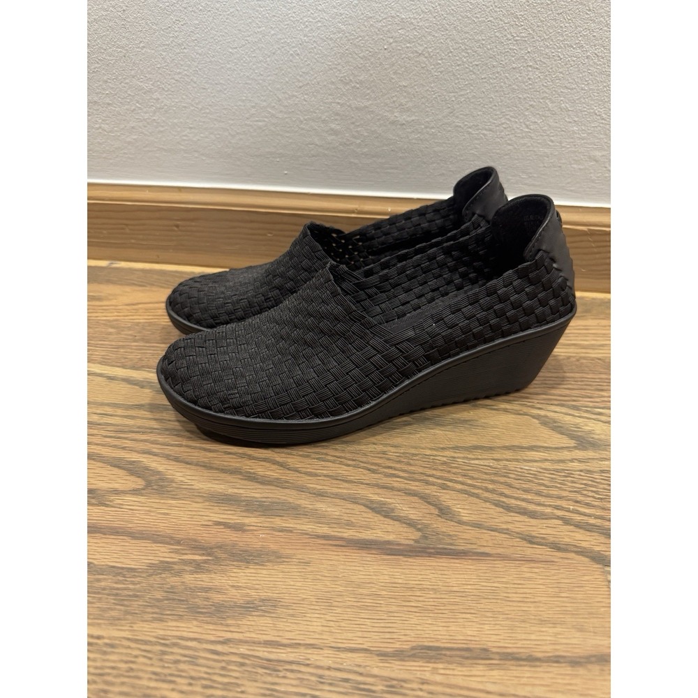 Women's BareTraps Ulricka Black Woven Stretch Wedge Heel Slip On - Size 8